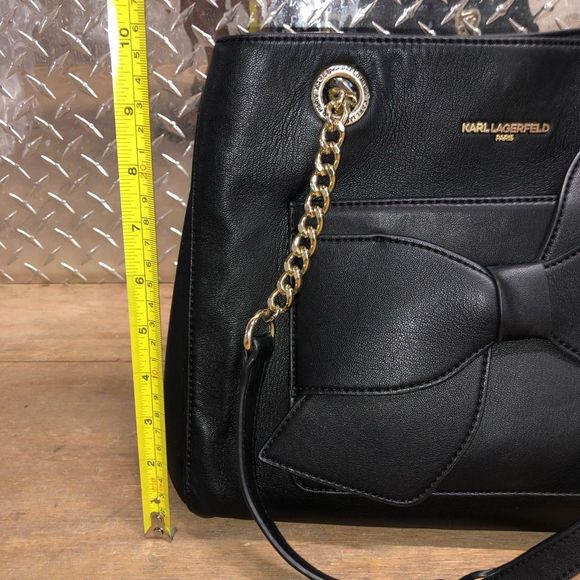 Karl Lagerfeld Black Leather Bow Gold Chain Handbag Purse, MSRP $198 - Picture 10 of 11
